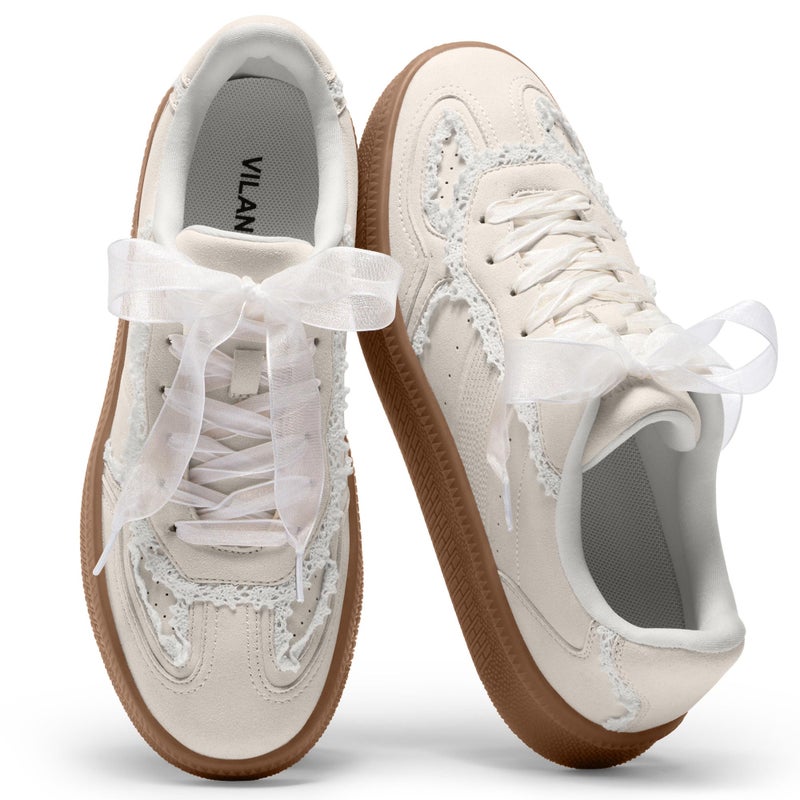 Vilanva Women's Lace Detail Fashion Sneakers Comfortable Casual Dress Sneakers with Retro Gum Sole Walking Trendy Footwear - Image 1