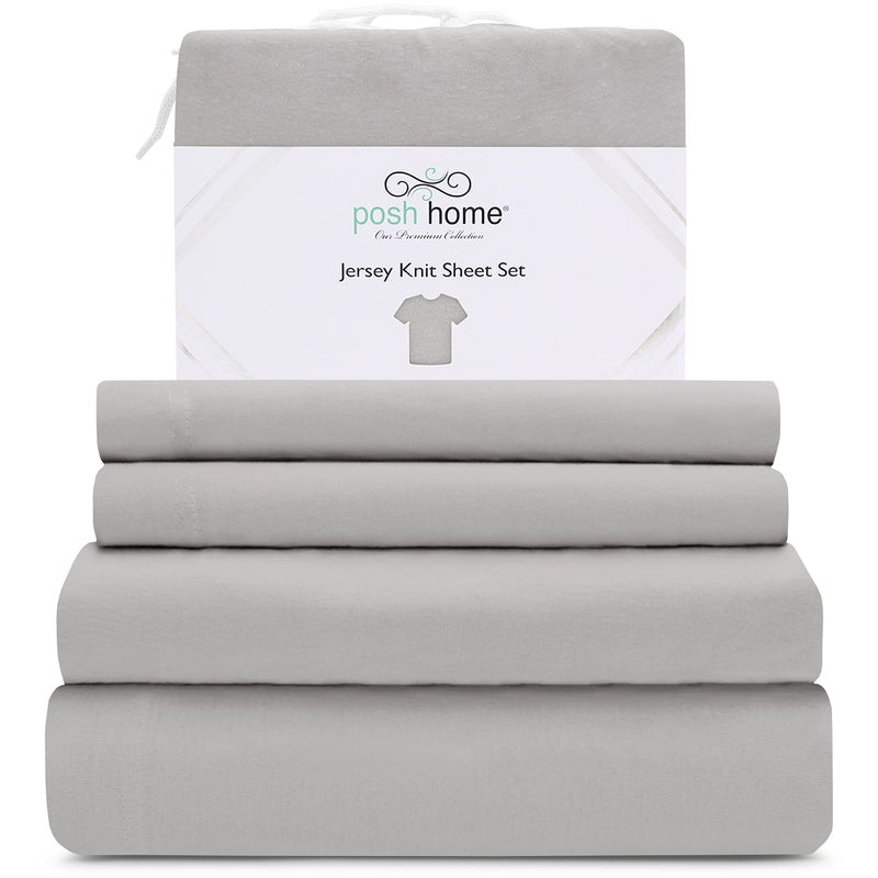Posh Home Posh Home Jersey Knit Sheet Set  4Piece Jersey Bed Sheets  TShirt Breathable  Soft Cotton Jersey Sheets  Includes Flat Sheet Jersey Fitted Sheet  2 Pillowcases  King Sheets Ashen Gray