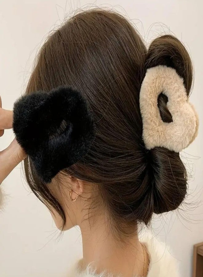 VORSET 3 Pcs Fuzzy fur Heart Hair Claw Clips for Women & Girls | Soft Faux Fur Clutcher for Bun, Ponytail | Non-Slip Cute Hair Accessories for Thick & Thin Hair. - Image 1