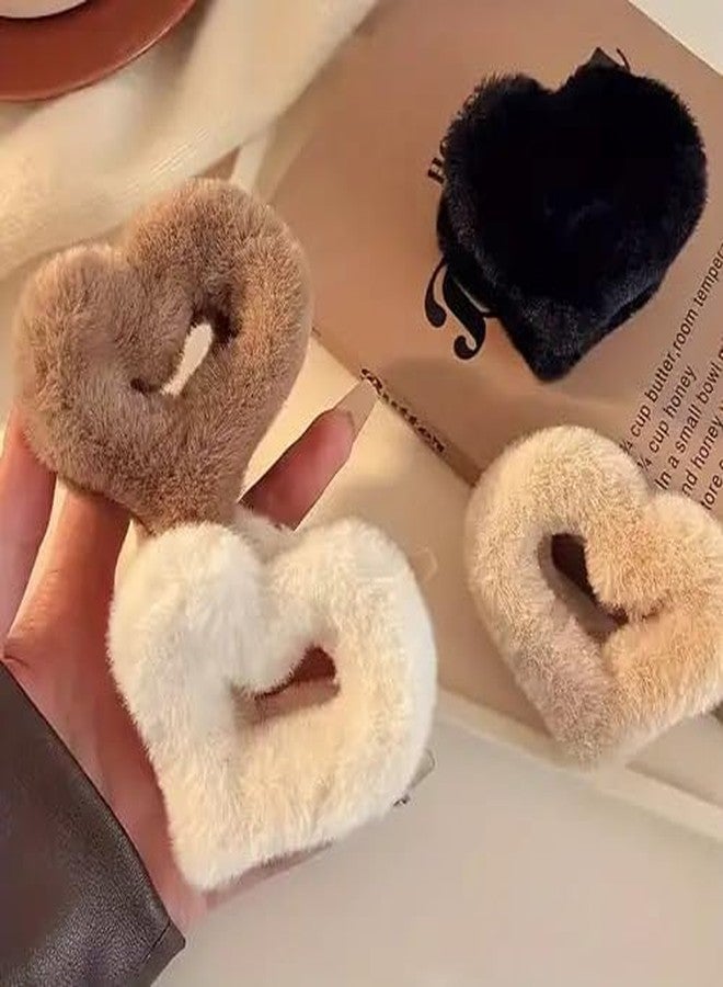 VORSET 3 Pcs Fuzzy fur Heart Hair Claw Clips for Women & Girls | Soft Faux Fur Clutcher for Bun, Ponytail | Non-Slip Cute Hair Accessories for Thick & Thin Hair. - Image 4