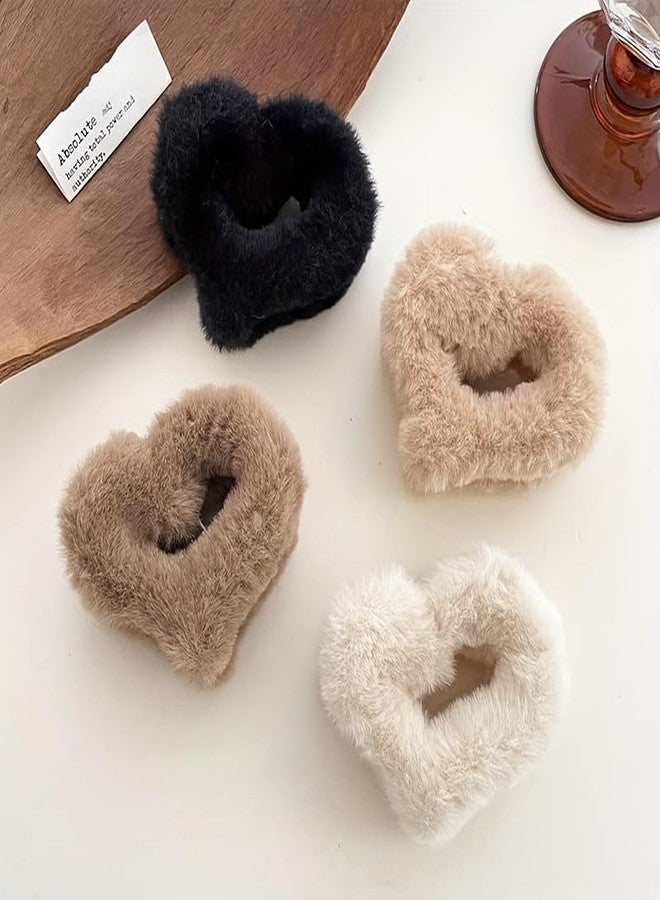 VORSET 3 Pcs Fuzzy fur Heart Hair Claw Clips for Women & Girls | Soft Faux Fur Clutcher for Bun, Ponytail | Non-Slip Cute Hair Accessories for Thick & Thin Hair. - Image 3