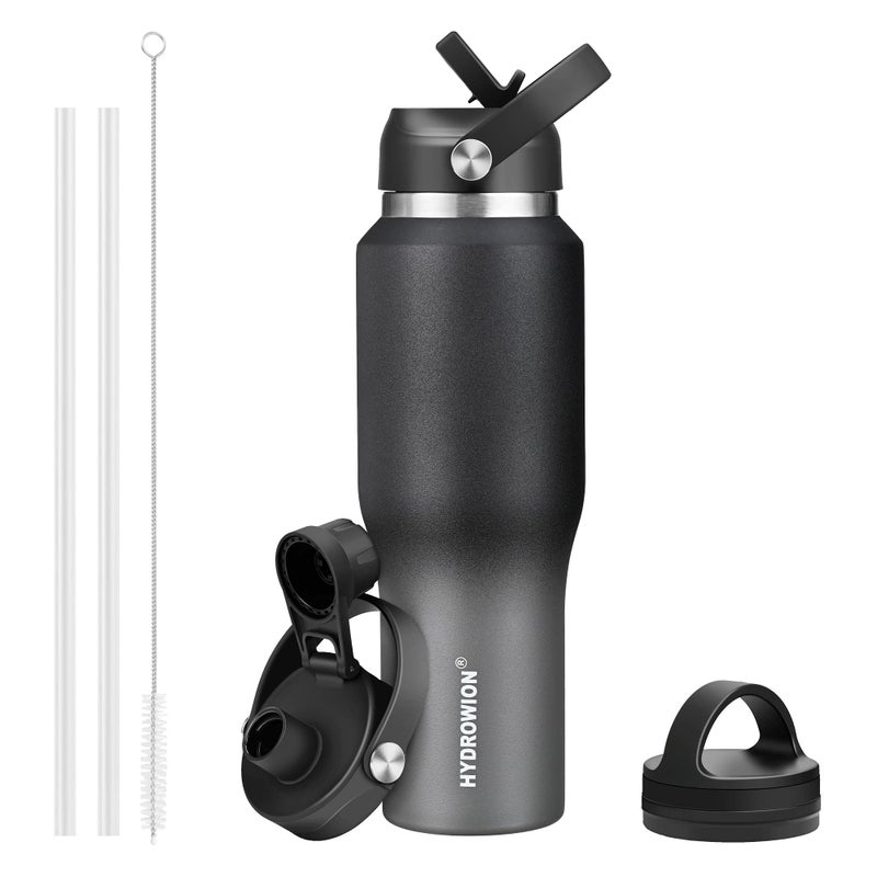 HYDROWION 32oz Water Bottle Double Wall Vacuum Stainless Steel Insulated Water Flask with Straw Lid Spout Lid and Flex CapCold for 48 Hrs Hot for 24 Hrs Leakproof Travel Thermo Mug BlackGrey