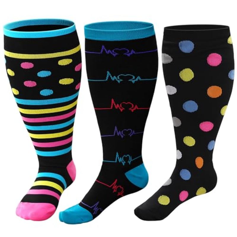 Plus-size compression socks for wide calves, unisex, 20–30 mmHg compression. Ideal for travel, healthcare professionals, running, and pregnancy. Available in color, size 7XL. 3PCS - Image 1