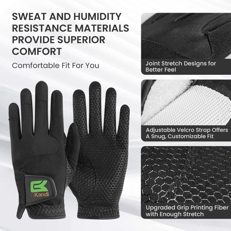 GKandi Golf Gloves Men All Weather Anti-Slip Value 2 Pack, Men's Golf Gloves Rain Grip Flexible Durable Left Hand Right, Fit Size Small Medium ML Large XL (Large, Worn on Left Hand) - Image 2