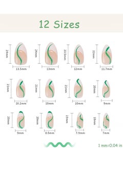KASTWAVE 24 Pcs Almond French Nails Maiden Medium Length Stick on Nude White Stripes Acrylic Press Green Swirl Artificial Abstract Nail Art Tips for Women and Girls  - Image 2