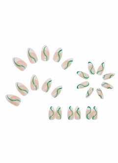 KASTWAVE 24 Pcs Almond French Nails Maiden Medium Length Stick on Nude White Stripes Acrylic Press Green Swirl Artificial Abstract Nail Art Tips for Women and Girls  - Image 5