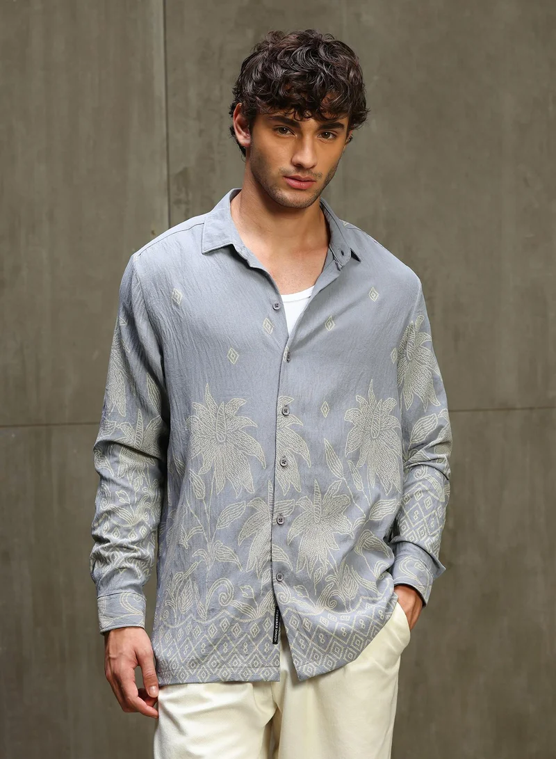 CAHOOT Men's Charcoal-Grey Textured Regular Shirt For Casual Wear | Collared Neck | Long Sleeve | Button Closure | Polyester Shirt Crafted With Comfort Fit For Everyday Wear