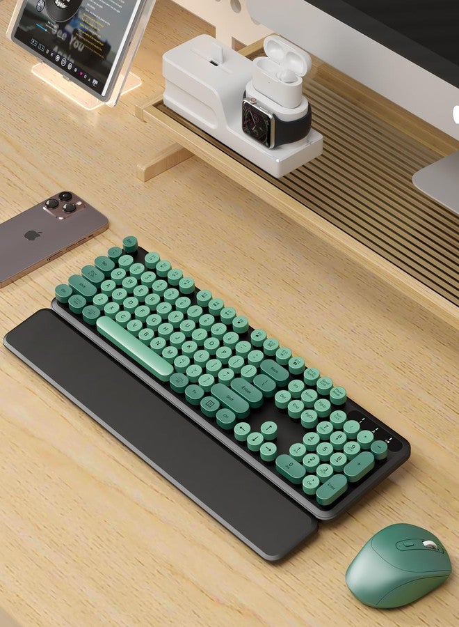 Trueque Wireless Keyboard and Mouse Combo - Cute Typewriter Keyboard with Detachable Wrist Rest, Retro Round Keycaps, Foldable Legs, 2.4GHz Keyboards for PC Laptop, Mac, Windows - Trueque (Black and Green) - Image 2