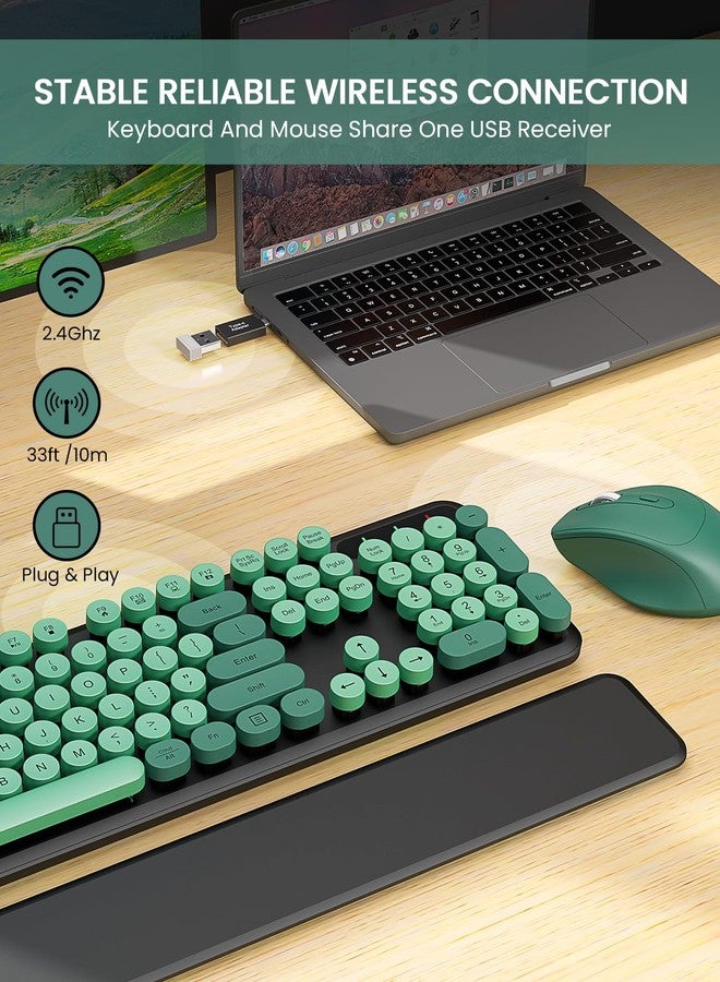 Trueque Wireless Keyboard and Mouse Combo - Cute Typewriter Keyboard with Detachable Wrist Rest, Retro Round Keycaps, Foldable Legs, 2.4GHz Keyboards for PC Laptop, Mac, Windows - Trueque (Black and Green) - Image 4