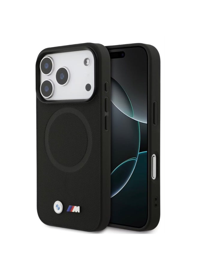 بي إم دبليو جراب BMW MagSafe الجلدي المغلف بالكامل بشعارات معدنية لهاتف iPhone 17 Pro، تغليف مستدام، تصميم سهل التركيب، تصميم رفيع، حماية من السقوط - أسود - Image 5