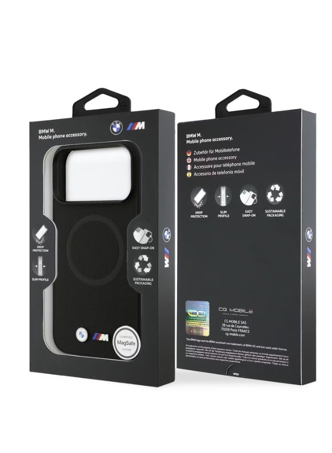 بي إم دبليو جراب BMW MagSafe الجلدي المغلف بالكامل بشعارات معدنية لهاتف iPhone 17 Pro، تغليف مستدام، تصميم سهل التركيب، تصميم رفيع، حماية من السقوط - أسود - Image 1
