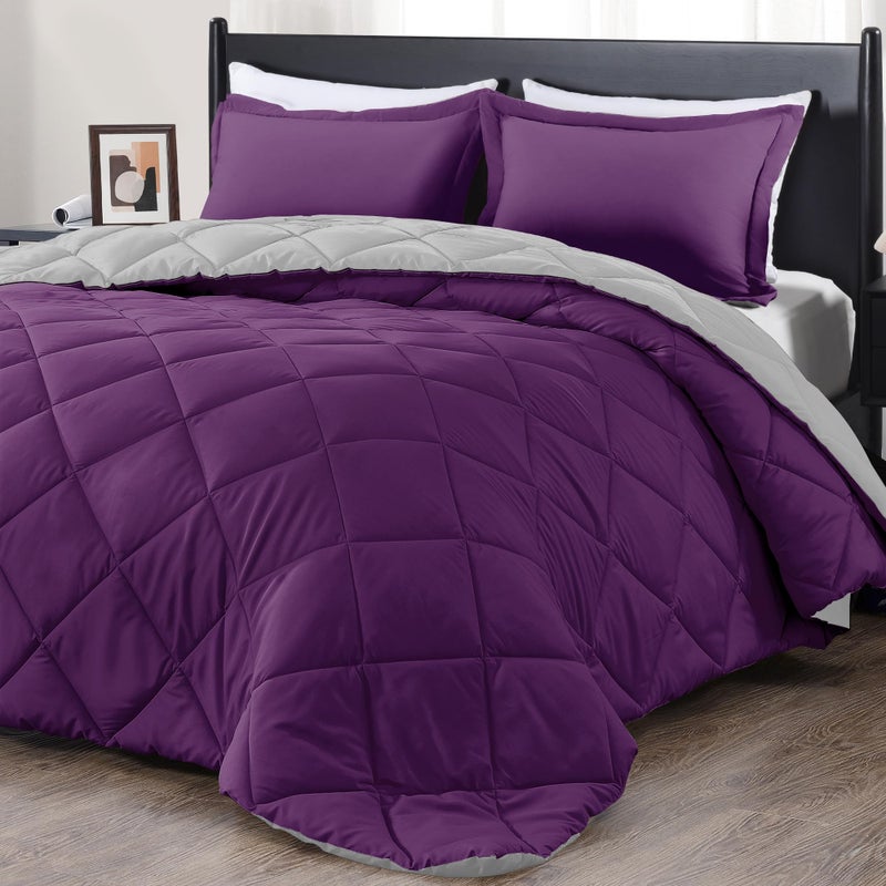 downluxe Queen Comforter Set  Purple and Grey Queen Comforter Soft Bedding Sets for All Seasons 3 Pieces  1 Comforter 88x92 and 2 Pillow Shams20x26