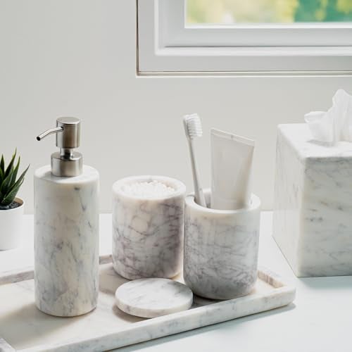 Cork & Mill Marble Bathroom Container with Lid - Holder for Qtip Swabs, Cotton Balls, Pads, Rounds, or Floss Picks - White Apothecary Jar for Q Tips - Canister for Organizing Bathroom Counter Vanity - Image 5