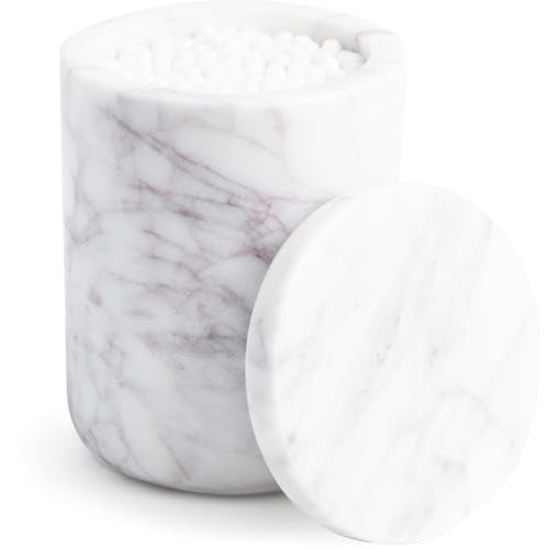 Cork & Mill Marble Bathroom Container with Lid - Holder for Qtip Swabs, Cotton Balls, Pads, Rounds, or Floss Picks - White Apothecary Jar for Q Tips - Canister for Organizing Bathroom Counter Vanity - Image 1
