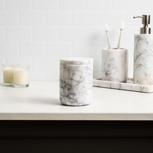 Cork & Mill Marble Bathroom Container with Lid - Holder for Qtip Swabs, Cotton Balls, Pads, Rounds, or Floss Picks - White Apothecary Jar for Q Tips - Canister for Organizing Bathroom Counter Vanity - Image 4