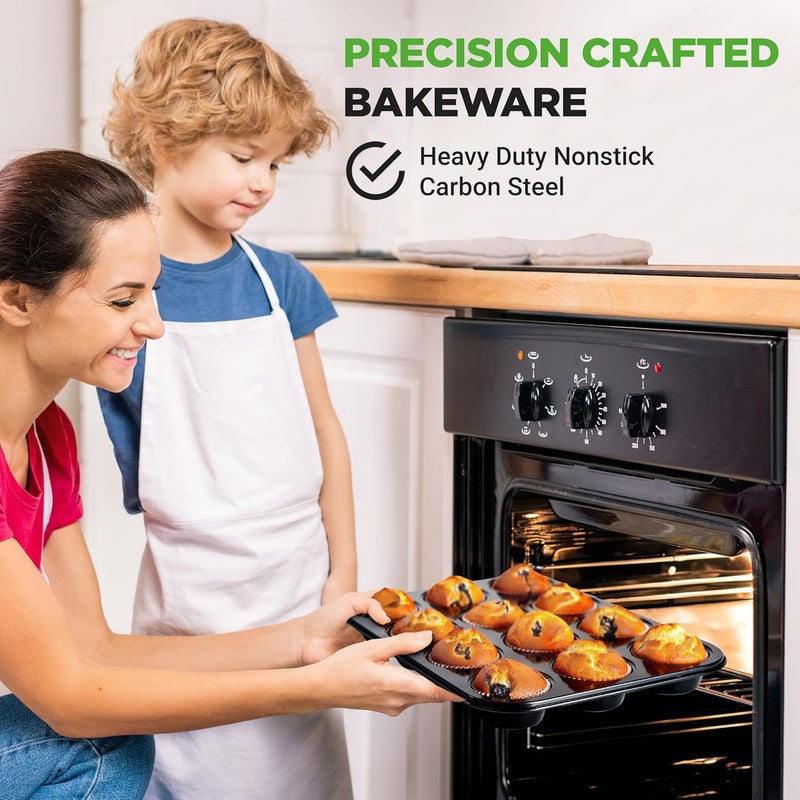 NutriChef Non-Stick 2-Piece 12 Cup Muffin Pans with 100 Parchment Cupcake Liners, Carbon Steel, Professional Grade Muffin Pans for Baking, Durable & Dishwasher Safe 13.7"x10.4"x1.1" Inch (Black) - Image 5