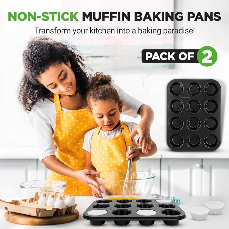 NutriChef Non-Stick 2-Piece 12 Cup Muffin Pans with 100 Parchment Cupcake Liners, Carbon Steel, Professional Grade Muffin Pans for Baking, Durable & Dishwasher Safe 13.7"x10.4"x1.1" Inch (Black) - Image 2
