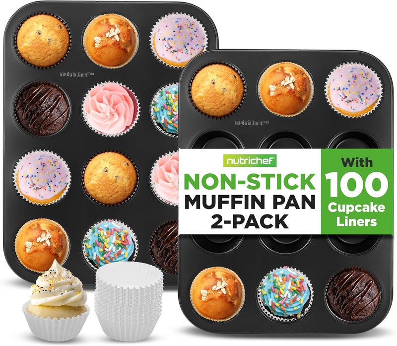 NutriChef Non-Stick 2-Piece 12 Cup Muffin Pans with 100 Parchment Cupcake Liners, Carbon Steel, Professional Grade Muffin Pans for Baking, Durable & Dishwasher Safe 13.7"x10.4"x1.1" Inch (Black) - Image 1