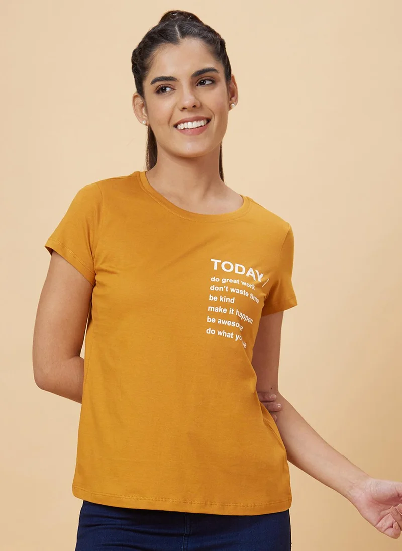 globus Globus Women Yellow Typography Round Neck Pure Cotton T-Shirt