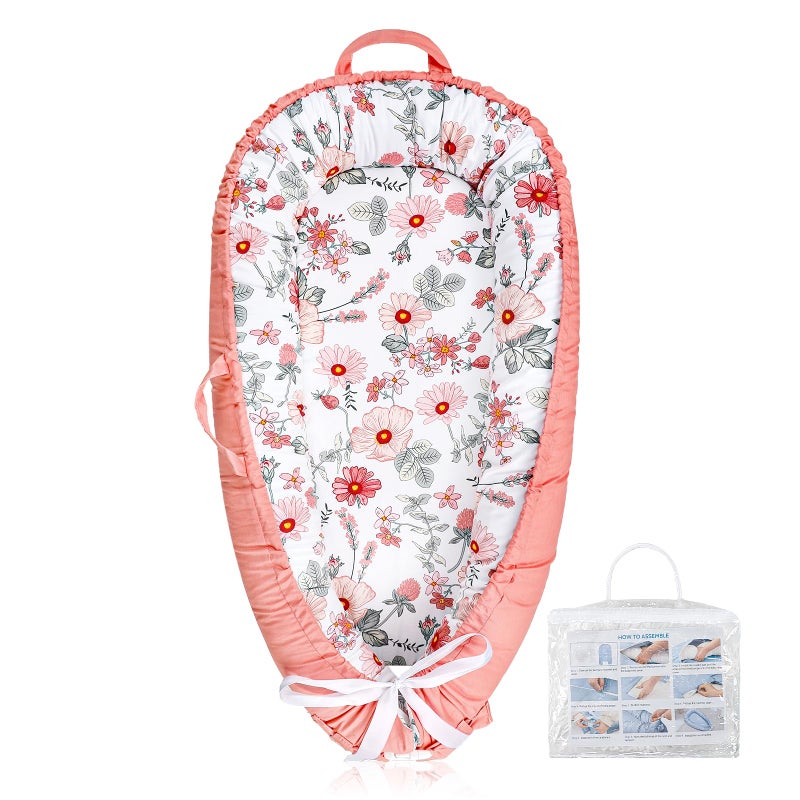 DAYEEBALL Baby Lounger Pillow with Organic 100% Cotton Newborn Lounger Replaceable Cover,Infant Floor Lounger for Ultimate Comfort, Soft & Breathable Infant Nest Backup for Baby Girls, Pink - Image 1