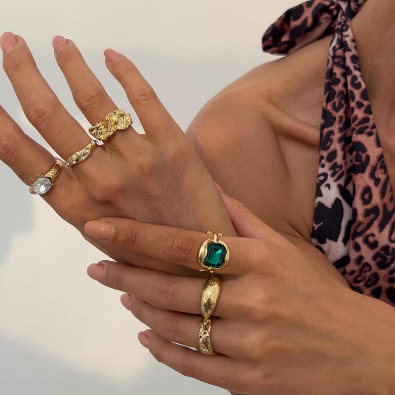 Dtja Rectangle Imitation Emerald Green Stacking Statement Ring for Women Gold Plated Chunky Wide Birthstone Open Chain Rings Comfort Fit Retro Birthday Christmas Jewelry Gift Size 6-7 - Image 3