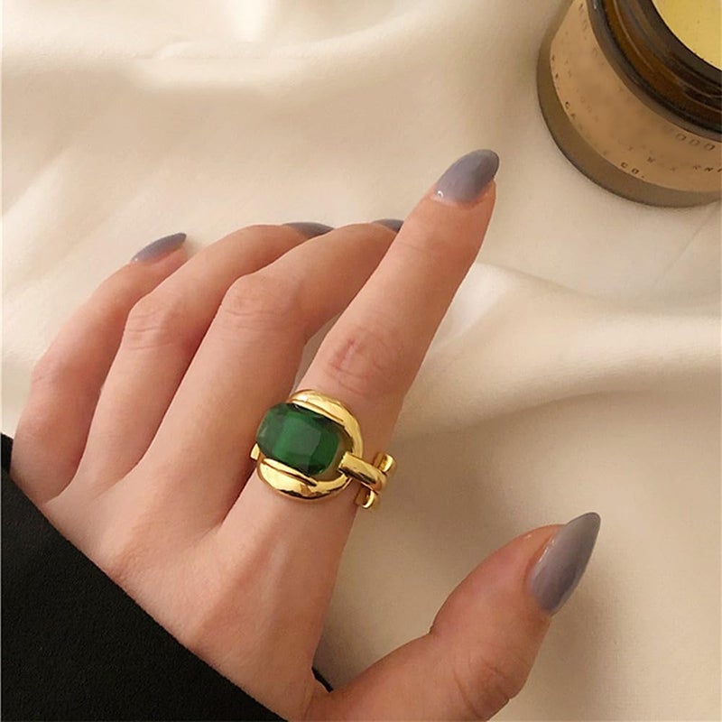 Dtja Rectangle Imitation Emerald Green Stacking Statement Ring for Women Gold Plated Chunky Wide Birthstone Open Chain Rings Comfort Fit Retro Birthday Christmas Jewelry Gift Size 6-7 - Image 2