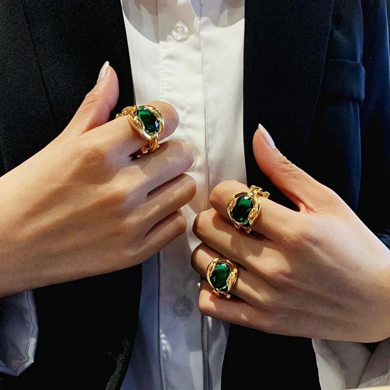 Dtja Rectangle Imitation Emerald Green Stacking Statement Ring for Women Gold Plated Chunky Wide Birthstone Open Chain Rings Comfort Fit Retro Birthday Christmas Jewelry Gift Size 6-7 - Image 4