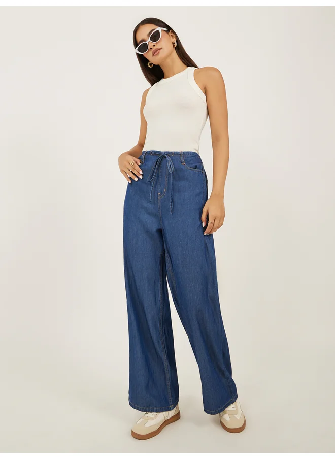 ستايلي Styli Mid Rise Plain Wide Leg Jeans with Drawstring Waist
