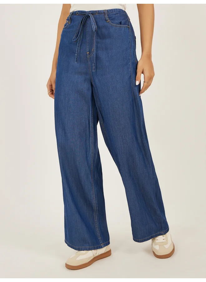 ستايلي Styli Mid Rise Plain Wide Leg Jeans with Drawstring Waist