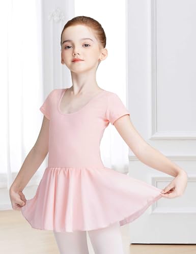 LingTing Ballet Leotards with Chiffon Skirt for Girls Pink Short Sleeves Dress for Gymnastic,Dance - Image 2