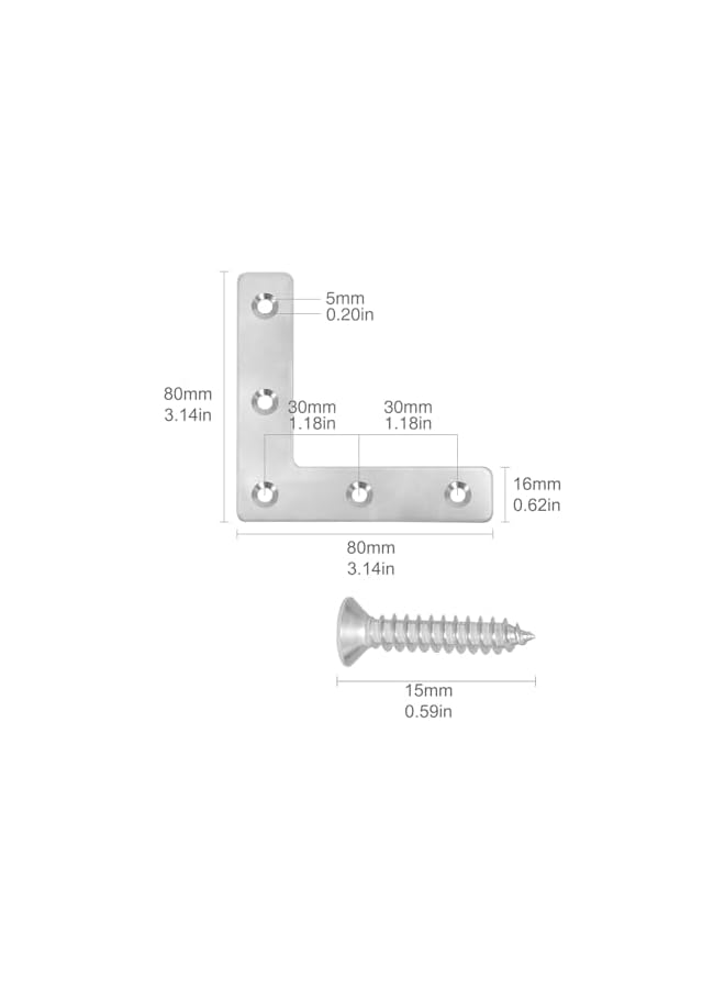 PROMASS promass 8pcs Flat Corner Brace with Screws, Stainless Steel L Shape 90 Degree Right Angle Brackets for Wood Desk Chair Cabinet Drawer Closet Frame Furniture Joint Repair (80x80x1mm)  - Image 2