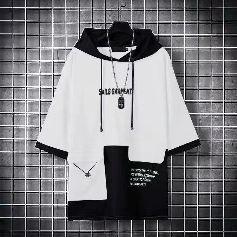 Summer Short Sleeve Hoodie Mens Thin Casual Sweatshirt Printed Color Block Pocket White