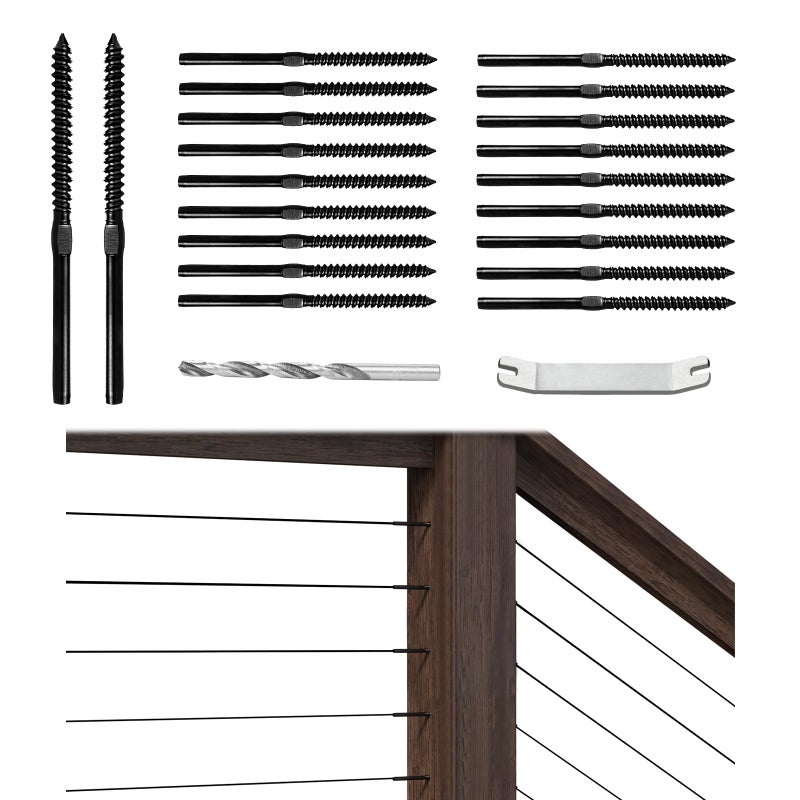 Muzata 20 Pack 18 Black Cable Railing Hardware Kit Swage Lag Screws Left and Right Handed Thread for Wood Post T316 Stainless Steel Deck Cable Railing System 10 Pairs CK17