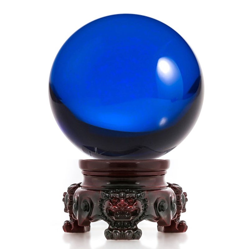 Amlong Crystal 3 inch (80mm) Blue Crystal Ball with Redwood Lion Resin Stand and Gift Box for Decorative Ball, Lensball Photography, Gazing Divination or Feng Shui, and Fortune Telling Ball - Image 4