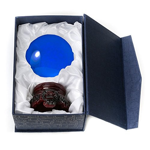 Amlong Crystal 3 inch (80mm) Blue Crystal Ball with Redwood Lion Resin Stand and Gift Box for Decorative Ball, Lensball Photography, Gazing Divination or Feng Shui, and Fortune Telling Ball - Image 2