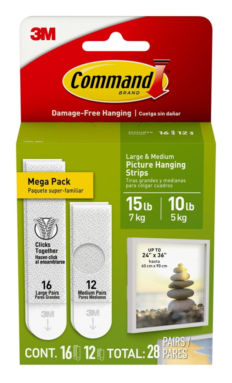 Command 15 lb & 10 lb Large and Medium Picture Hanging Strips 28 Assorted Pairs (56 Command Strips), Damage-Free Hanging Picture Hangers, Wall Hanger for Home Decor, White Adhesive - Image 1