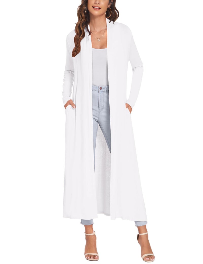 Bluetime Women Floor Length Open Front Cardigan Lightweight Long Sleeve Maxi Duster with Pockets (L, White) - Image 1