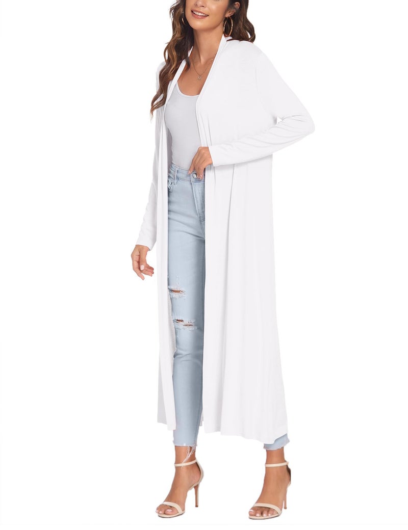 Bluetime Women Floor Length Open Front Cardigan Lightweight Long Sleeve Maxi Duster with Pockets (L, White) - Image 2