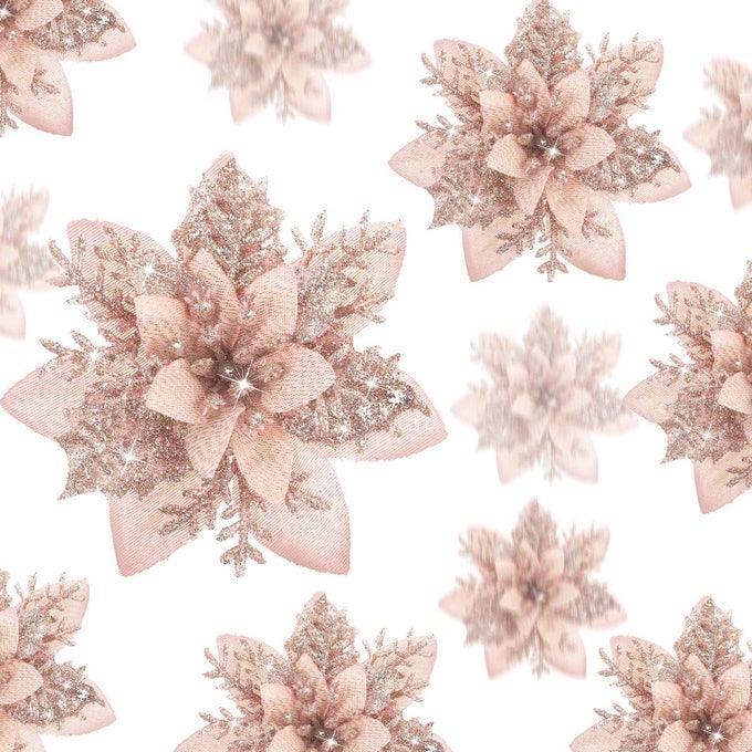 36 PCS CHRISTMAS GLITTER ARTIFICIAL POINSETTIA FLOWERS XMAS POINSETTIA ARTIFICIAL WEDDING FLOWERS DECORATIONS XMAS TREE ORNAMENTS WITH CLIPS FOR PARTY 6 INCH 4 INCH 3 INCHROSE GOLD