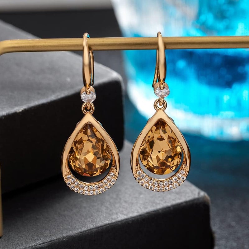 EVEVIC Austrian Crystal Halo Teardrop Hollow Drop Dangle Earrings for Women 14K Rose Gold Plated Hypoallergenic Jewelry (Light Topaz) - Image 5