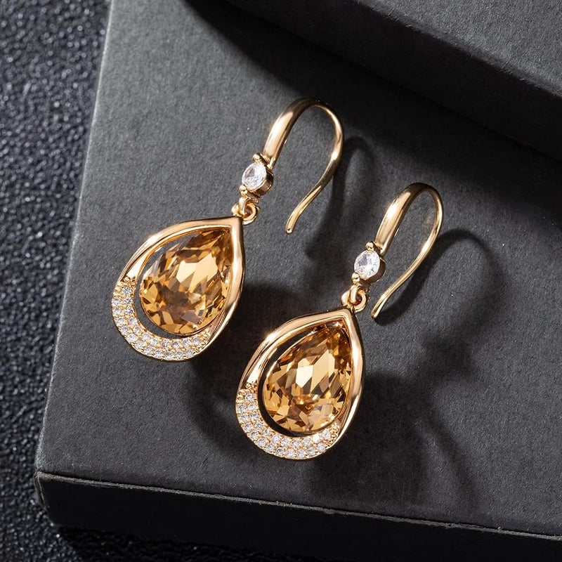 EVEVIC Austrian Crystal Halo Teardrop Hollow Drop Dangle Earrings for Women 14K Rose Gold Plated Hypoallergenic Jewelry (Light Topaz) - Image 3