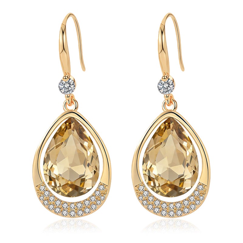 EVEVIC Austrian Crystal Halo Teardrop Hollow Drop Dangle Earrings for Women 14K Rose Gold Plated Hypoallergenic Jewelry (Light Topaz) - Image 1