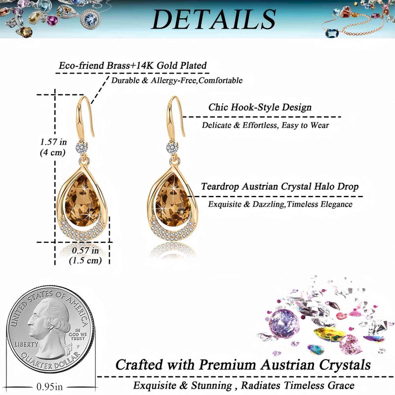 EVEVIC Austrian Crystal Halo Teardrop Hollow Drop Dangle Earrings for Women 14K Rose Gold Plated Hypoallergenic Jewelry (Light Topaz) - Image 4