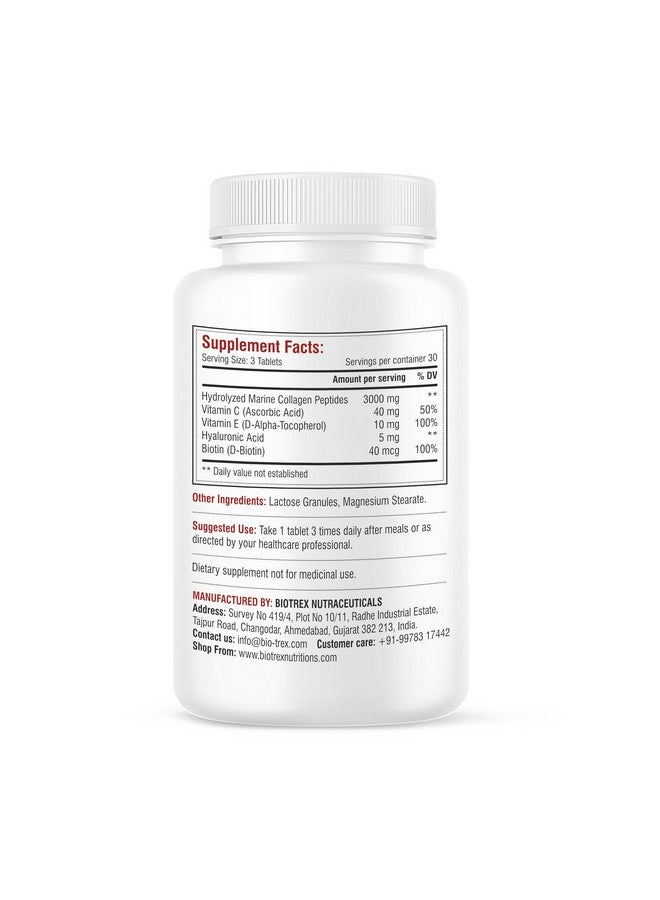 Biotrex Nutraceuticals Biotrex Nutraceuticals Marine Collagen 3000mg Peptides With Biotin, Hyaluronic Acid, Vitamin C & E, Type 1 Marine Collagen, Healthy Hair, Skin, Nails, For Men & Women - 90 Tablets - Image 2