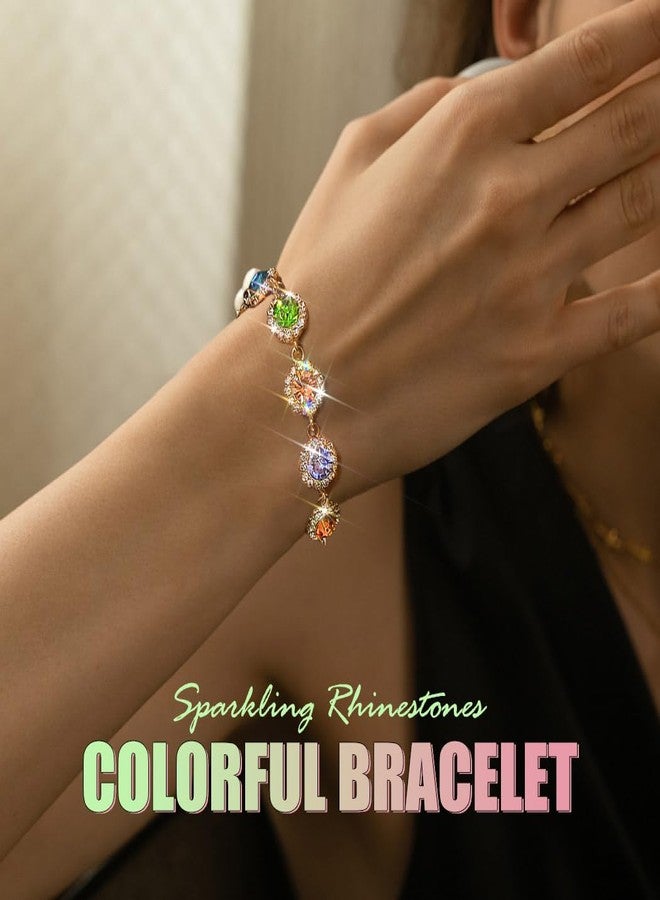 ACEDRE Colorful Crystal Bracelet Multi-colored Rhinestone Bracelets Gold Rave Hand Chain Jewelry for Women (1-Colorful) - Image 4