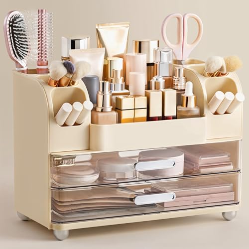 HBlife Makeup Organizer for Vanity with Brush Holder Large Bathroom Countertop Cosmetic Organizer Skin Care Storage Easy to Store Lipsticks Nail Polishes Perfumes Eyeshadow Palettes Beige - Image 1