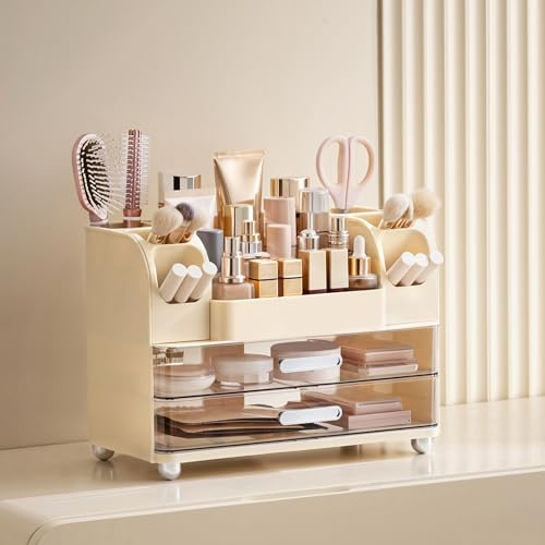 HBlife Makeup Organizer for Vanity with Brush Holder Large Bathroom Countertop Cosmetic Organizer Skin Care Storage Easy to Store Lipsticks Nail Polishes Perfumes Eyeshadow Palettes Beige - Image 3