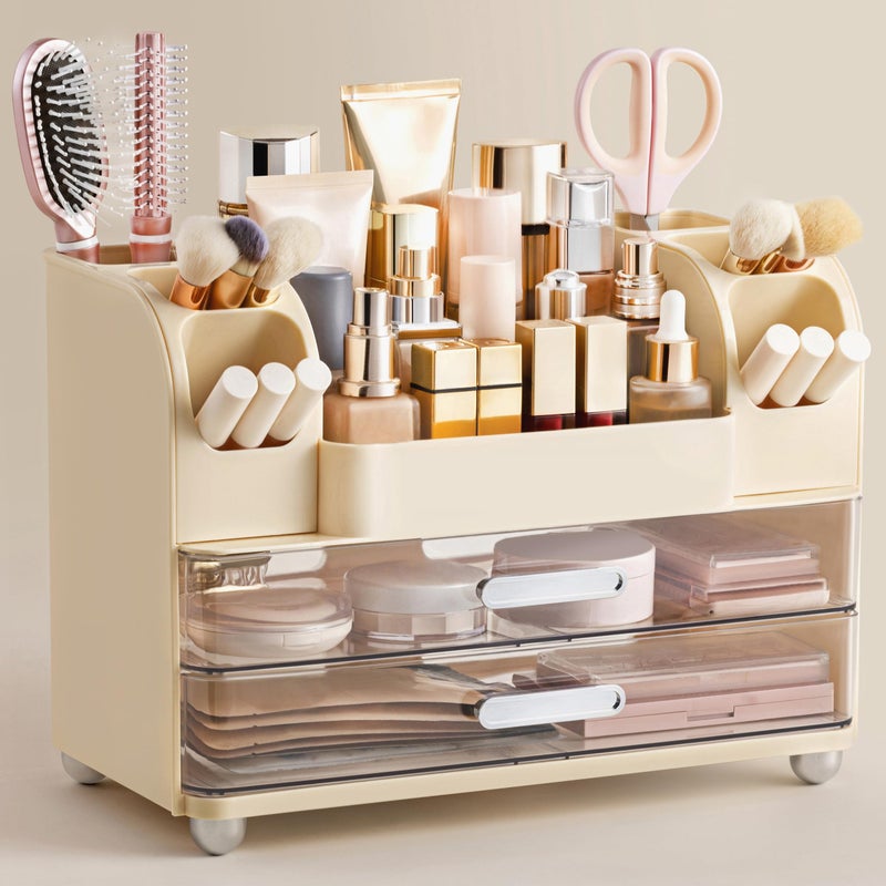 HBlife Makeup Organizer for Vanity with Brush Holder Large Bathroom Countertop Cosmetic Organizer Skin Care Storage Easy to Store Lipsticks Nail Polishes Perfumes Eyeshadow Palettes Beige - Image 2