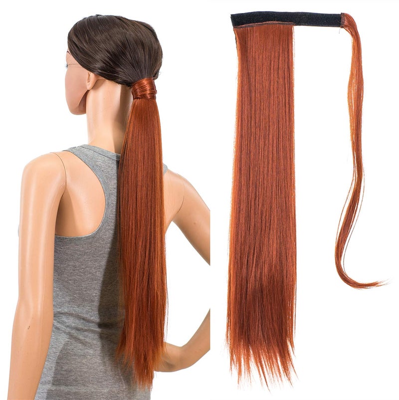 SWACC Women Long StraightCurly Wavy Wrap Around Ponytail Extension Synthetic Hair Piece Clip in Hair extensions Straight Dark Copper Red13