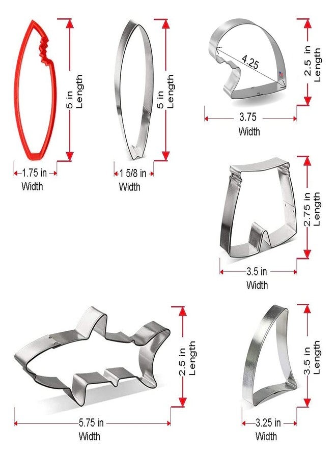 CookieCutter.com مجموعة قوالب تقطيع البسكويت "سيرفس أب" مكونة من 6 قطع - سمكة قرش، زعنفة قرش، لوح تزلج، لوح تزلج مع عضة، سروال سباحة، موجة، وبطاقة وصفة. قوالب تقطيع البسكويت مصنوعة يدويًا في الولايات المتحدة الأمريكية من الفولاذ المطلي بالقصدير. - Image 2